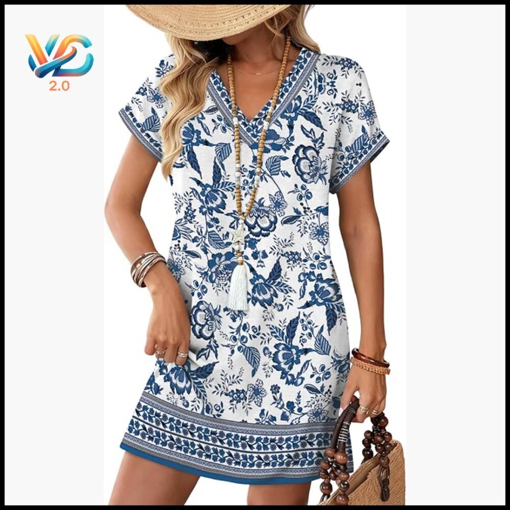 Casual Tshirt‎ Dress V-Neck Short Sleeve A-Line Loose Fit Summer Wedding Guest